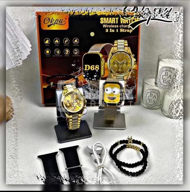 D68 Smart Watch Combo – Double Watches ⌚ + 3 Belts + 1 Chain Watch + 1 Bracelet