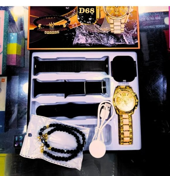 D68 Smart Watch Combo – Double Watches ⌚ + 3 Belts + 1 Chain Watch + 1 Bracelet
