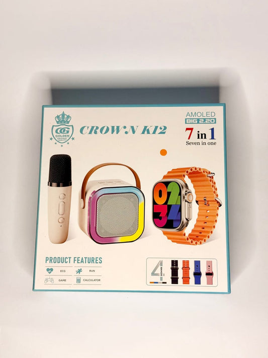 👉 CROWN K12 Ultra Smartwatch Bundle | 4 Straps + Bluetooth Speaker + Wireless Mic