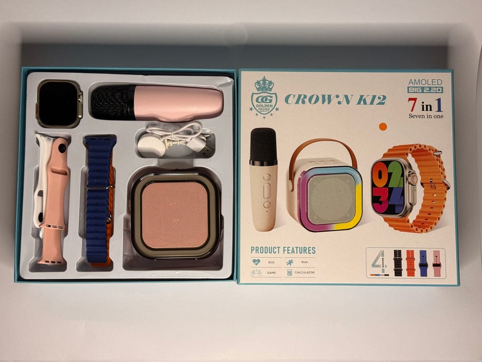 👉 CROWN K12 Ultra Smartwatch Bundle | 4 Straps + Bluetooth Speaker + Wireless Mic